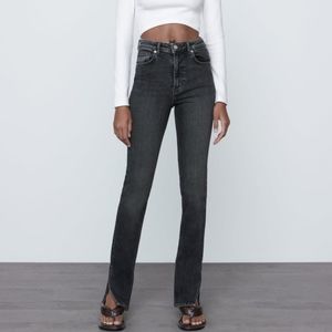 Zara high rise slim flare split hem jeans in washed black, size 6